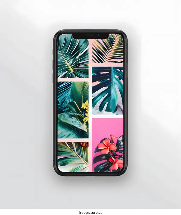 Tropical Leaf Collage on a Smartphone Screen