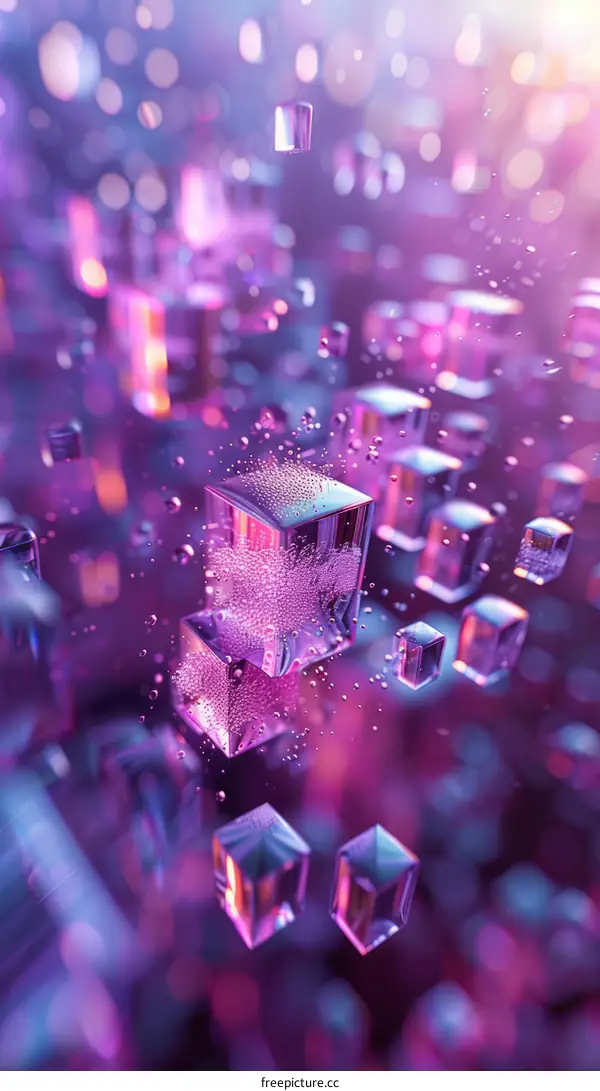 3D rendering of translucent purple cubes with water droplets