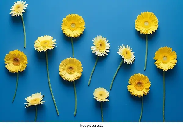 Yellow and white gerbera flowers on a blue background