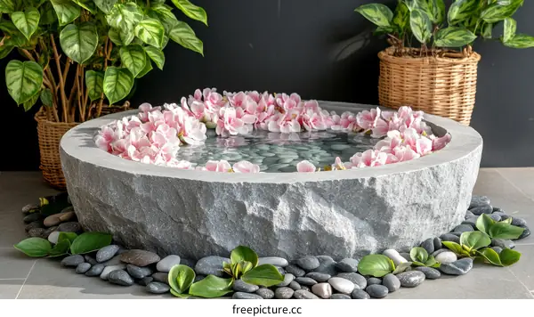 Gray Stone Decorative Water Feature with Pink Flowers