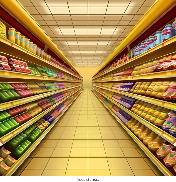 Supermarket Aisle Illustration With Shelves Full Of Products