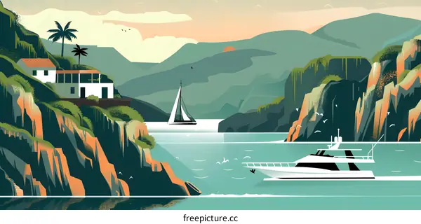 Mountain Landscape With Seagull and Boats