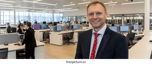 Smiling Businessman Standing in Modern Office