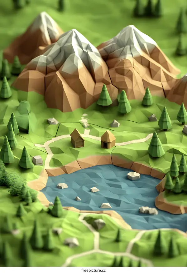 Low Poly Mountain Landscape with Lake and Forest