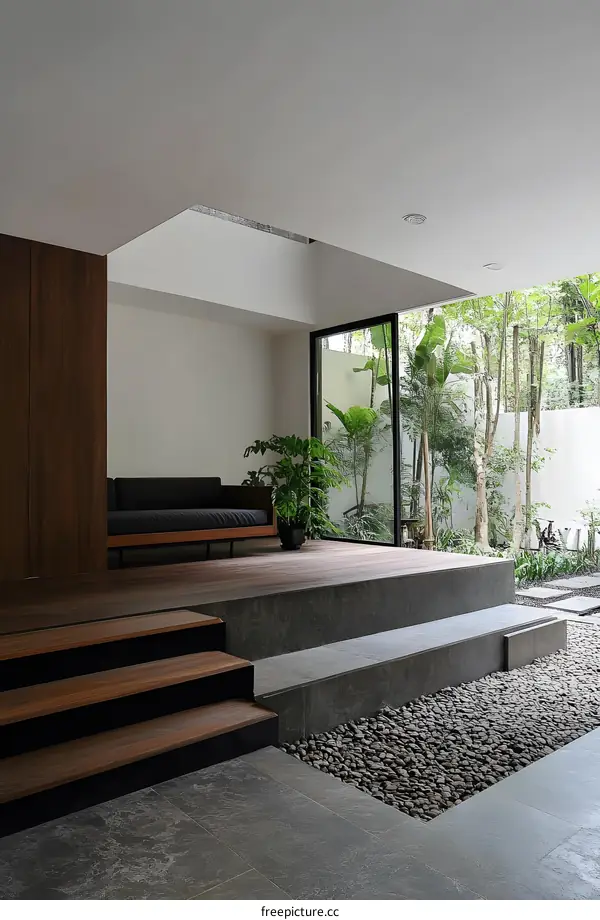 Modern Interior Design with Wooden Steps and Stone Flooring