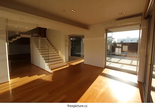 Modern White Staircase with Glass Railing in a Luxury House Interior