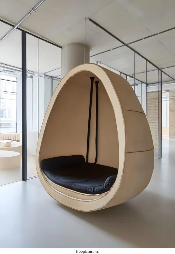 Wooden Egg Shaped Hanging Pod In Modern Office Interior
