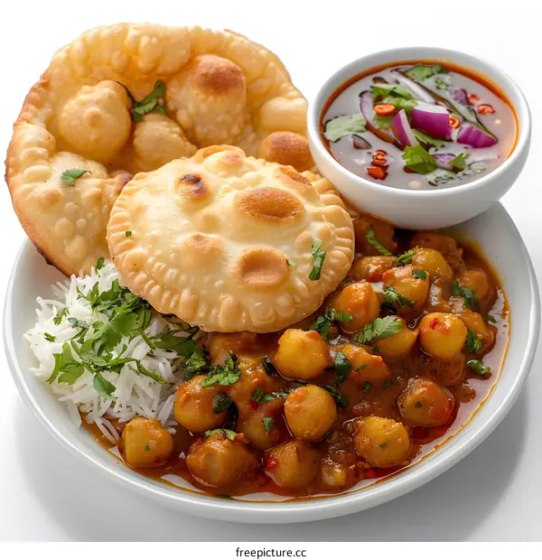 A plate of chole bhature with rice and onion salad