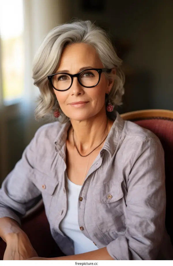 Portrait of a middle-aged woman with short gray hair and glasses