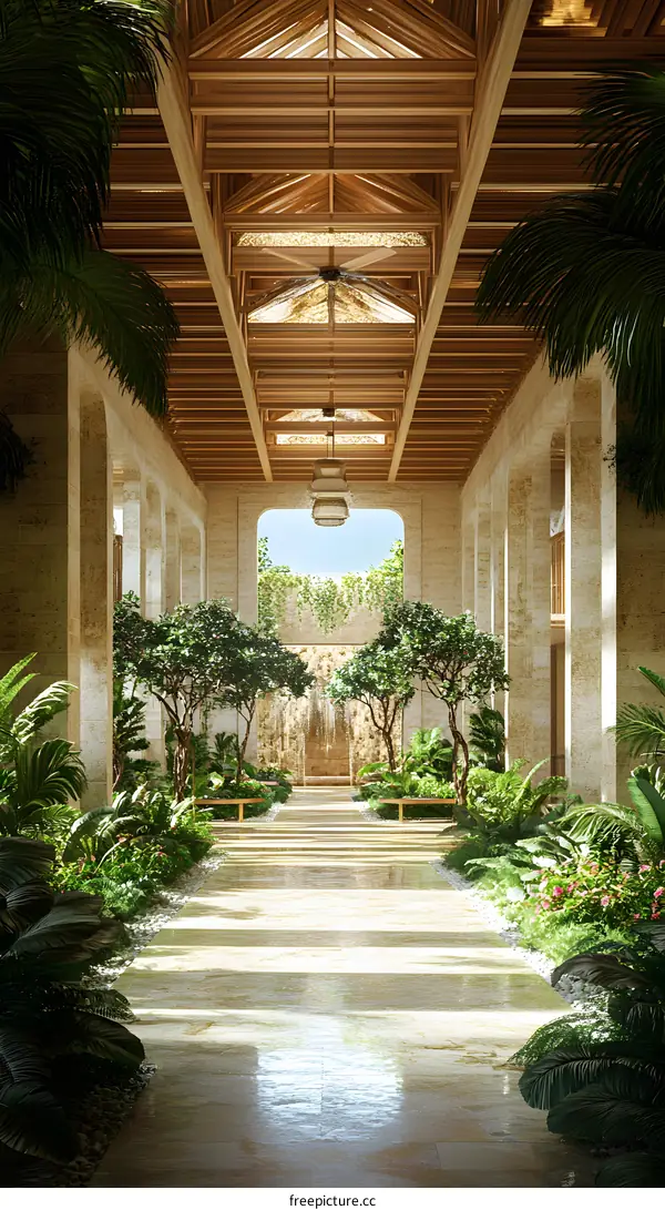 Tropical Garden Pathway With Wooden Ceiling