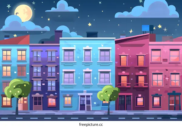 Night View of Colorful Houses on the Street