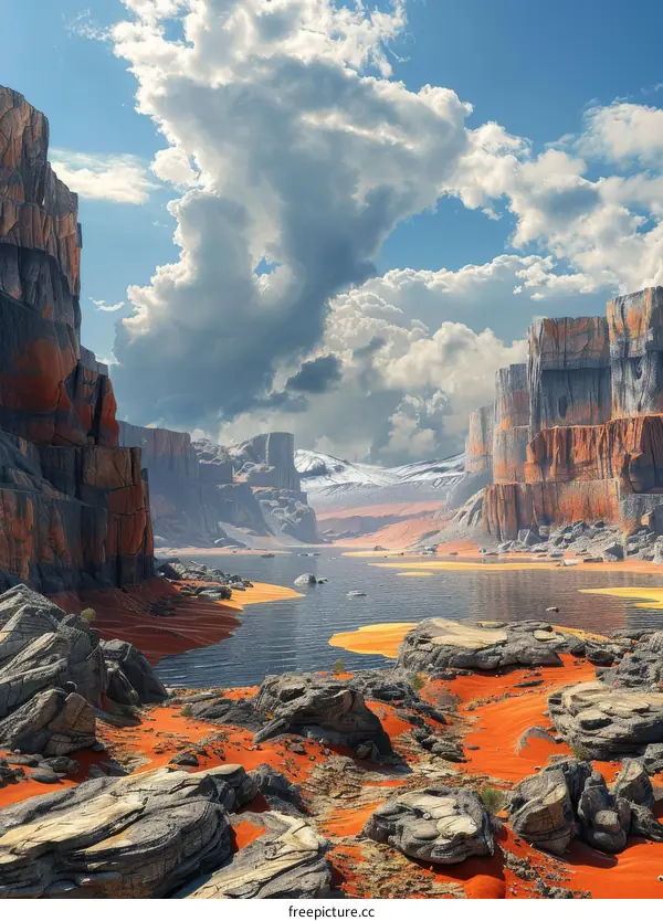 Arid Desert Landscape with Red Rocks and Snow-Capped Mountain