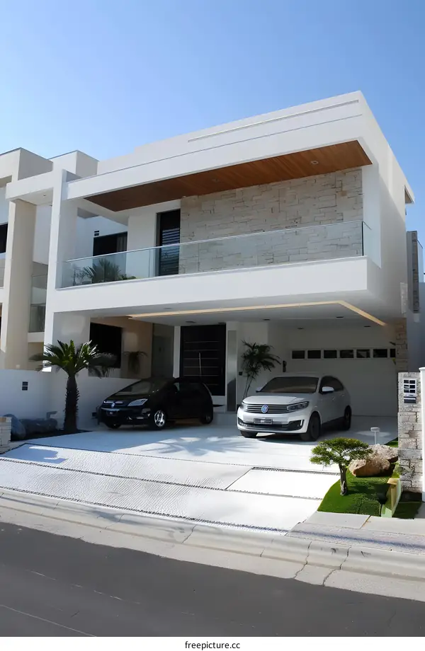 Modern White House with Garage and Two Cars in Front
