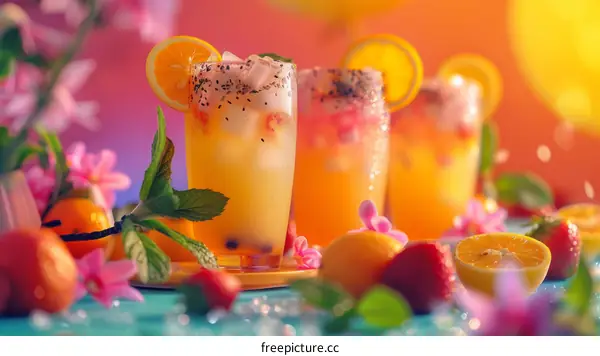 Refreshing summer drinks with orange slices and strawberries