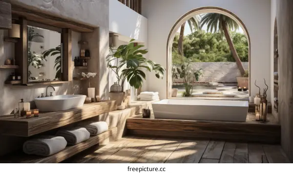 Bathroom With Large Bathtub and Tropical View
