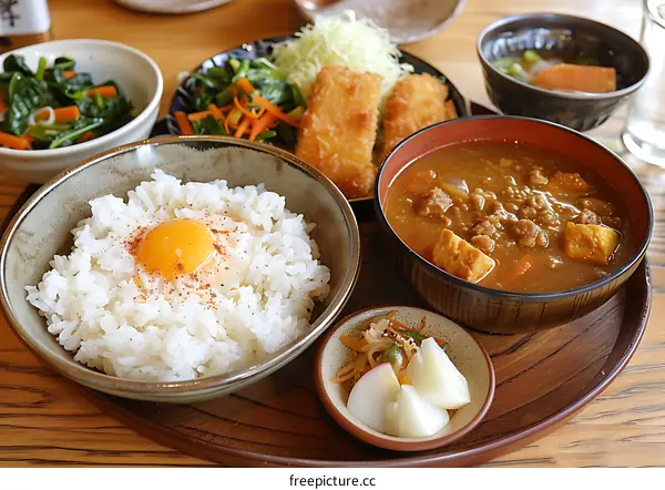 Japanese set meal with rice curry and fried fish