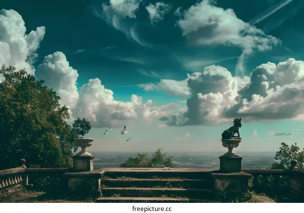 Stone Sculpture Garden Overlooking Fields and Clouds