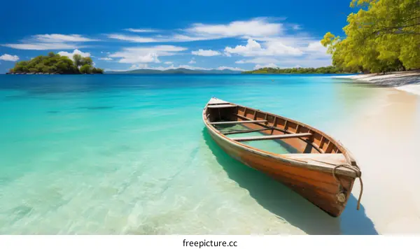 Wooden boat on a tropical beach with white sand and crystal clear water