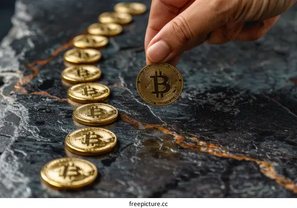 A hand holding a Bitcoin over a row of Bitcoins