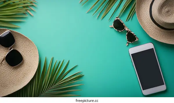 Summer Vacation Flat Lay with Palm Leaves and Accessories