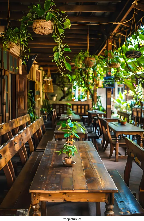 Wooden Table and Benches in a Garden Restaurant Setting