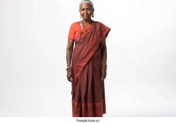 Portrait of an elderly Indian woman in a red sari