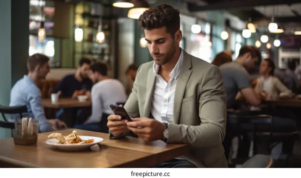 Young man sitting in a restaurant looking at his phone