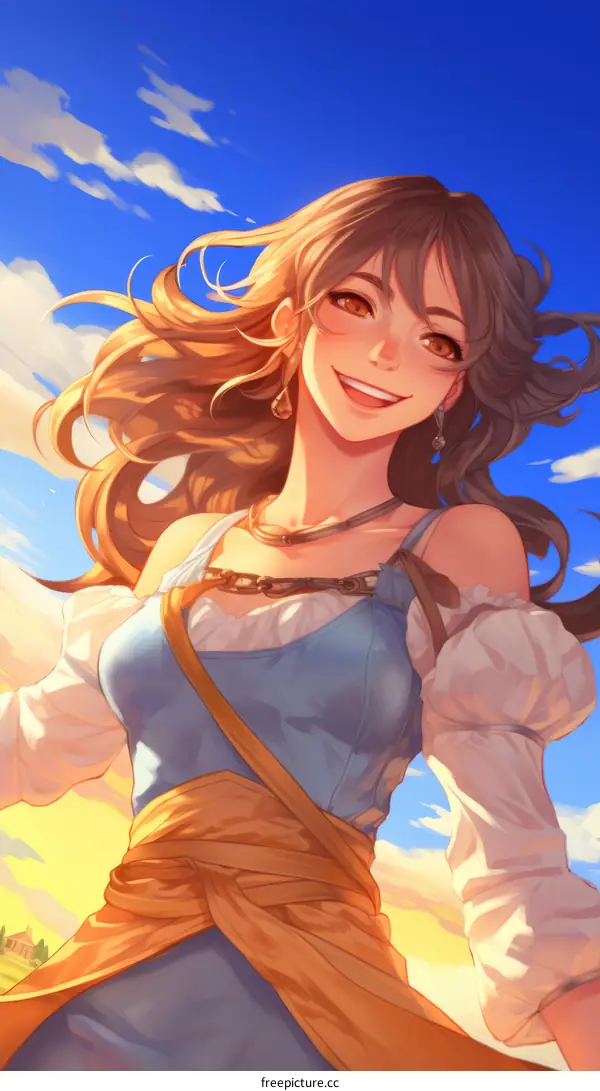An illustration of a cheerful looking woman with long brown hair wearing a blue and yellow outfit standing in front of a blue sky background