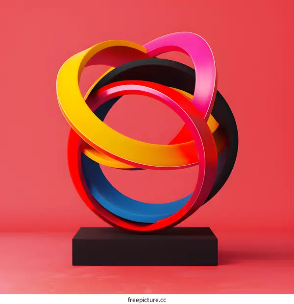 Abstract Colorful Rings Sculpture On Red Background