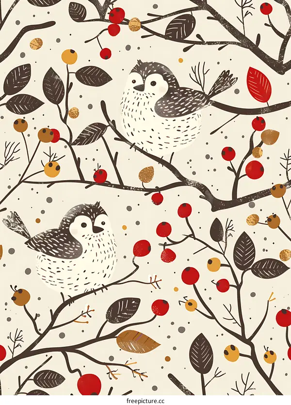 Winter Bird Illustration with Berries and Leaves