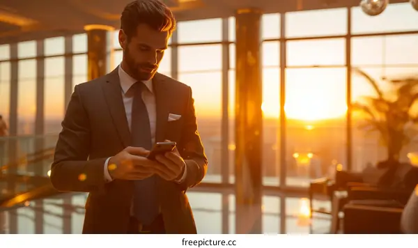 Businessman in suit using smartphone in modern office building