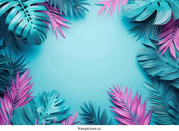 Tropical Leaves on Blue Background