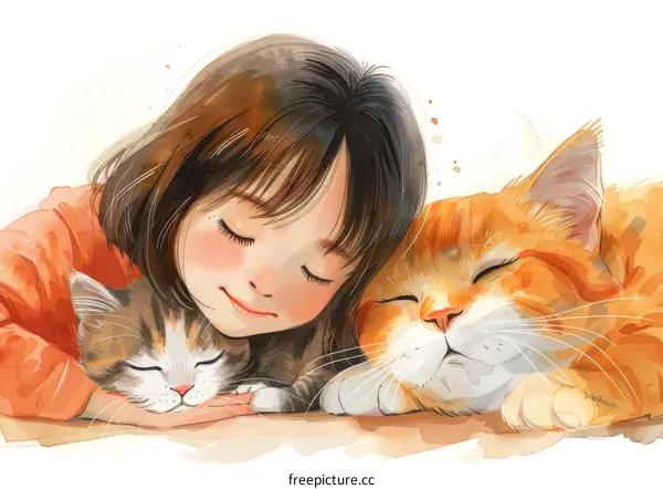 A girl is sleeping with her two cats