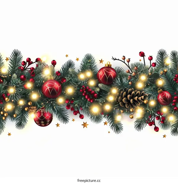 Christmas Garland with Red Ornaments and Pine Cones