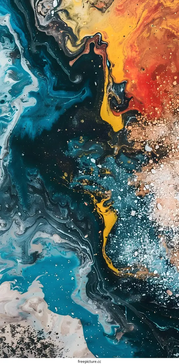 Abstract Swirling Liquid Art With Blue Yellow And Red Colors