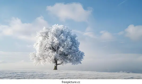 Single Tree in Snowy Field with Foggy Landscape