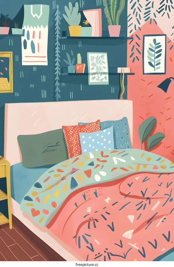 Colorful Illustration of a Bed with Patterned Bedding