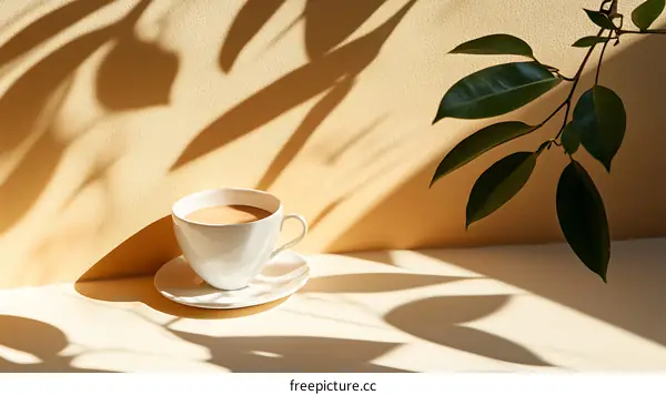 Cup of Coffee with Sunlight and Leaves Shadow