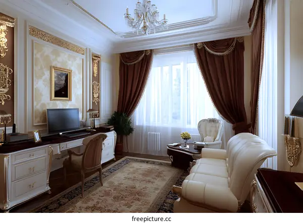 Classic Home Office Interior Design with Gold Accents and Chandelier