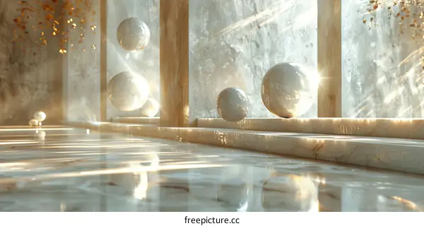 Elegant Marble Hallway with Floating Spheres