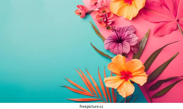 Tropical Floral Background With Orange Flowers On Pink And Blue Background