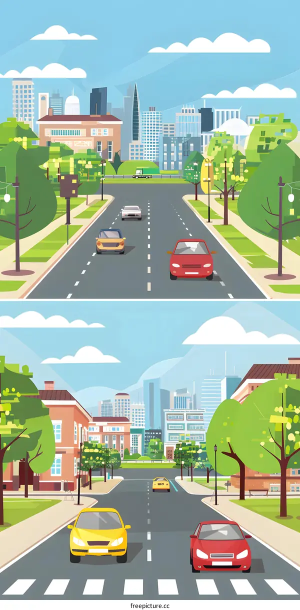City Street with Cars and Buildings Illustration