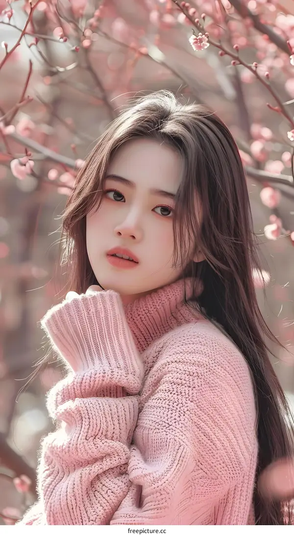Asian Woman Wearing Pink Sweater with Cherry Blossom Background