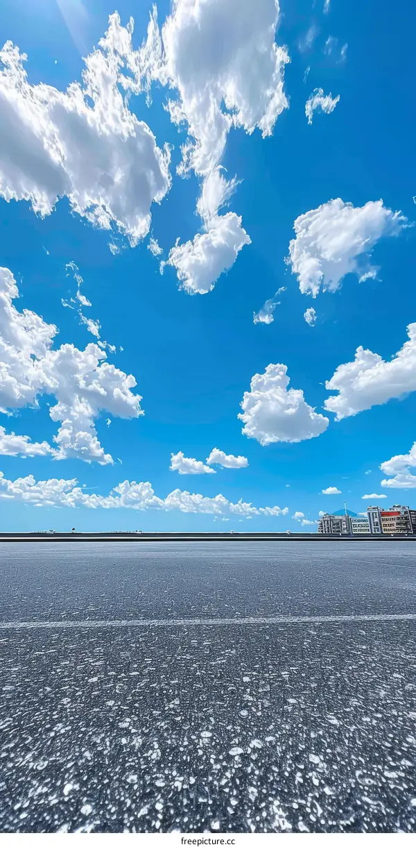 Empty Asphalt Road Under Blue Sky with White Clouds