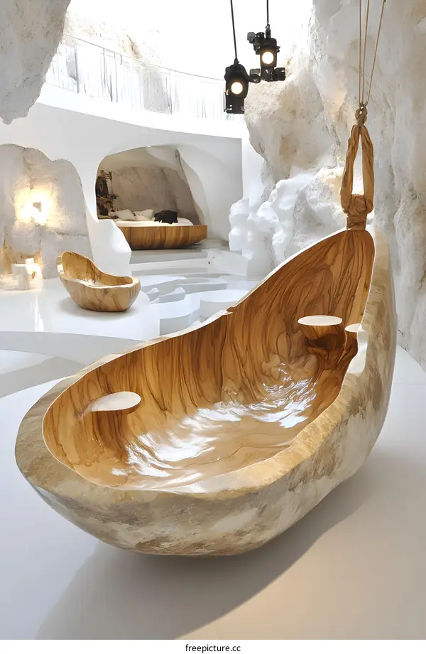 Wooden bathtub in a white cave interior design