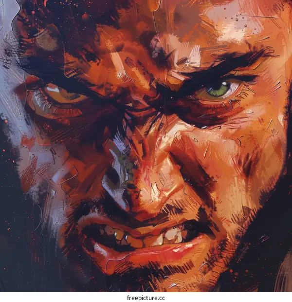 An illustration of a mans face with a green eye and an angry expression