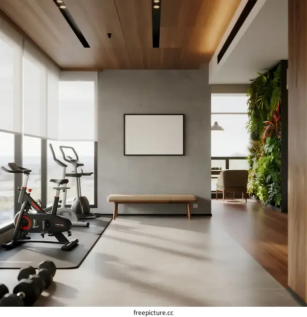 Modern fitness room with exercise bikes and green plants