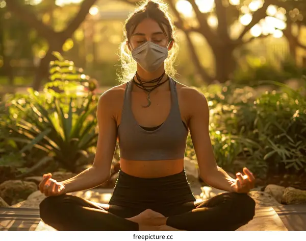Young woman in sportswear and a protective face mask meditating in a park