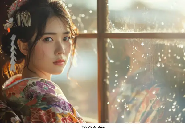 Portrait of a beautiful Asian woman in traditional Japanese kimono