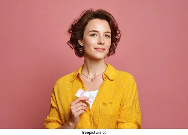 Woman in Yellow Shirt Holding Card Against Pink Background